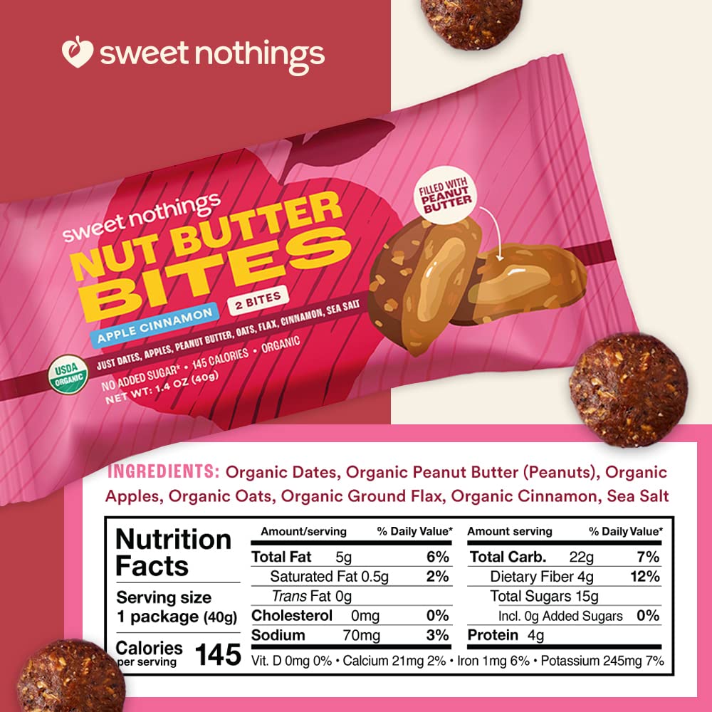 Sweet Nothings bites outer view, colorful packaging and three flavor options for a healthy choice