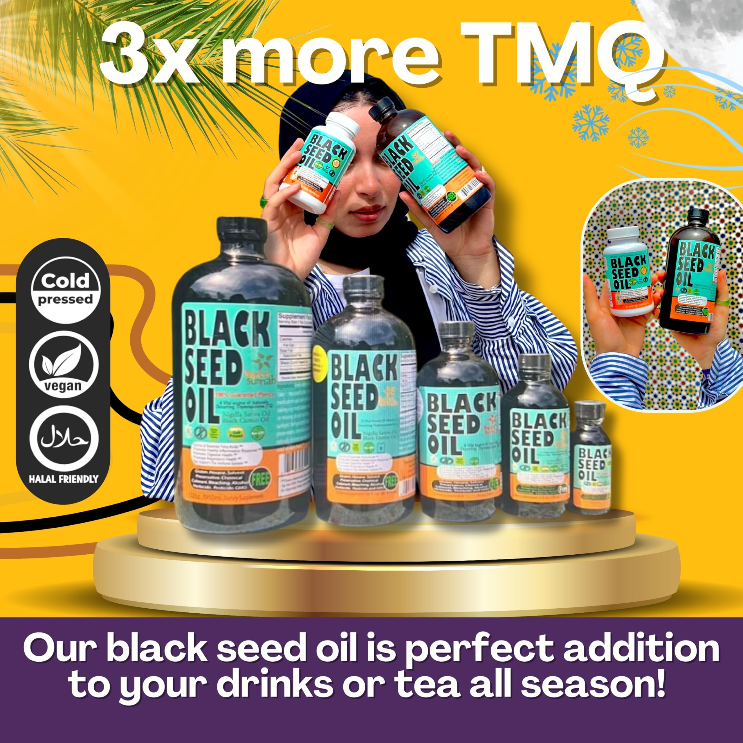 Sweet Sunnah Black Seed Oil amber bottle packaging protects thymoquinone content for freshness.