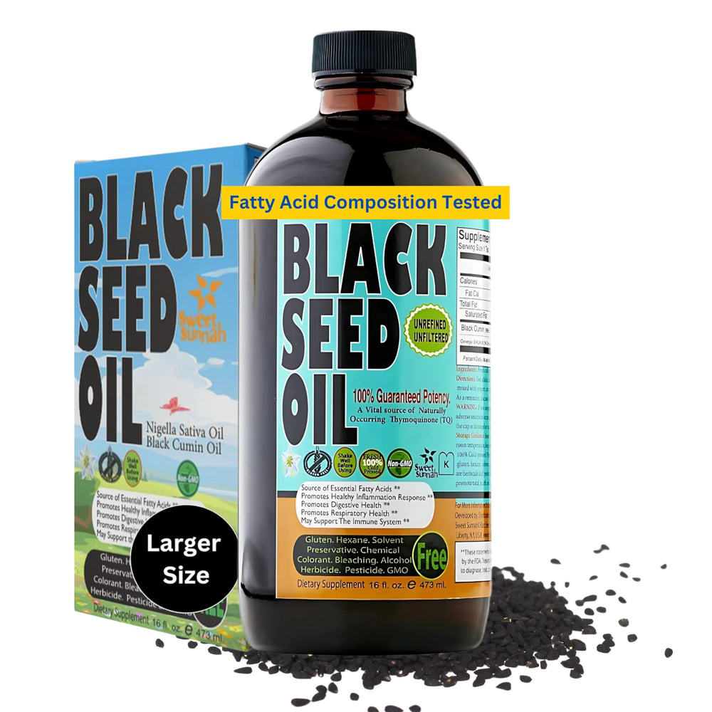 Sweet Sunnah Black Seed Oil bottle pour shows purity and potency for daily use.