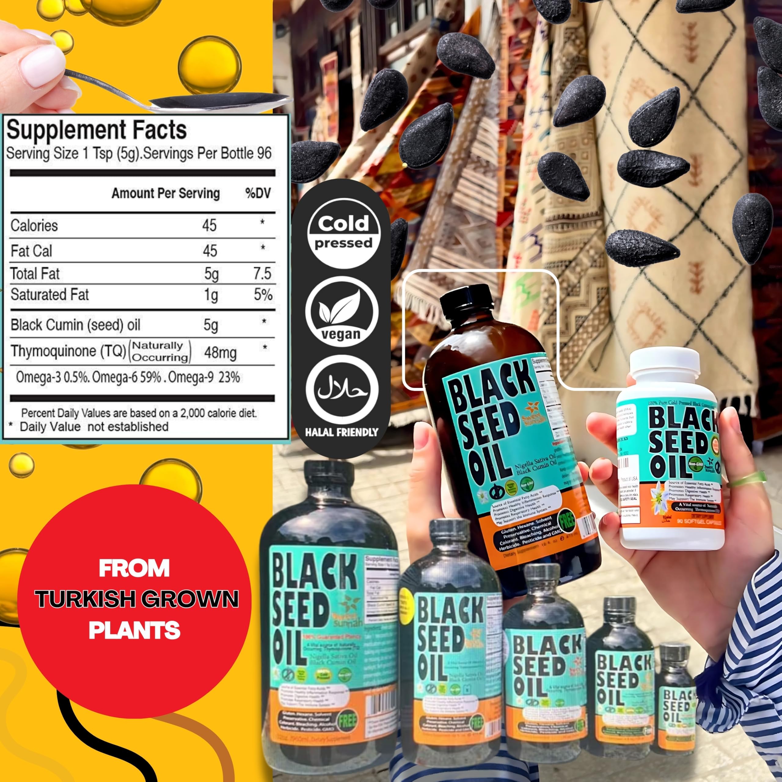 Sweet Sunnah Black Seed Oil ingredient panel highlights 100+ compounds and omega fats.