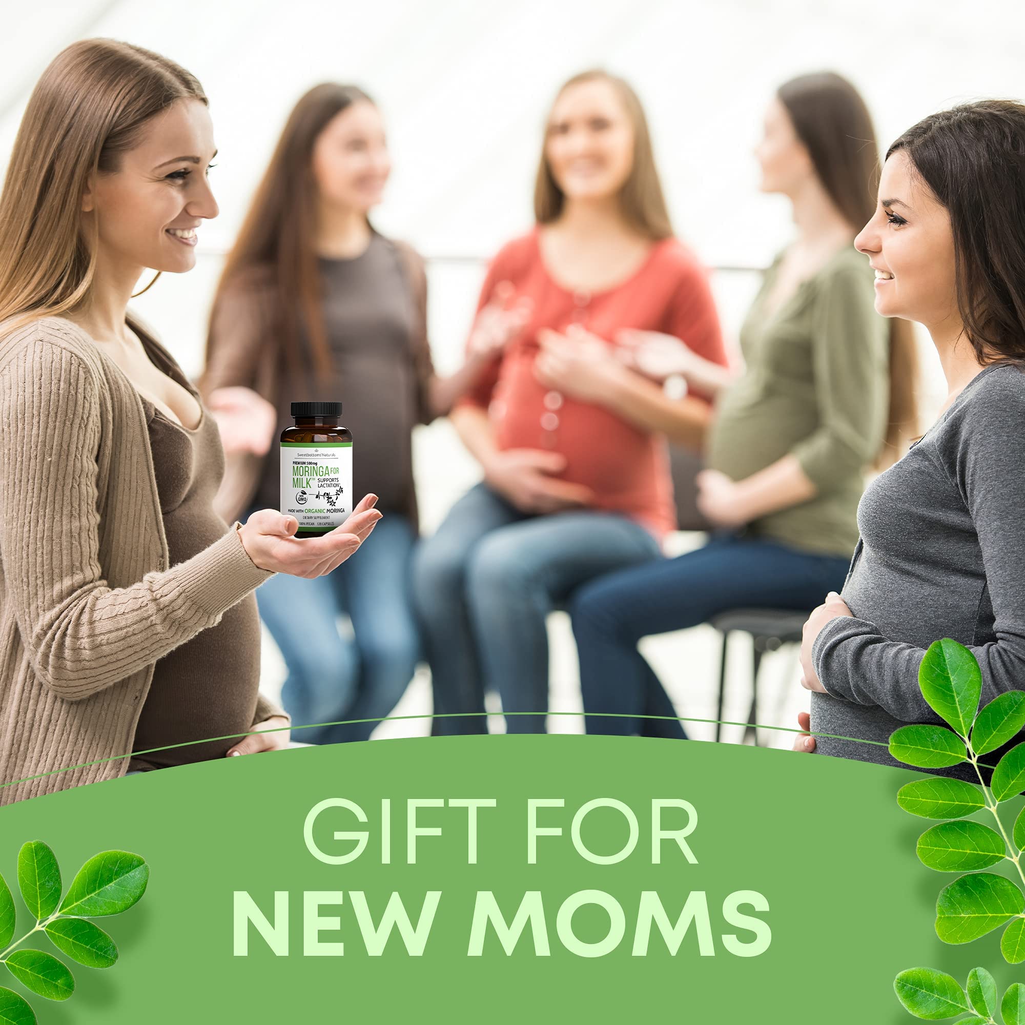 Sweetbottoms bottle with mom and baby illustrating breastfeeding support.