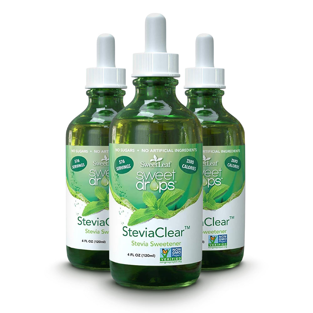 SweetLeaf SteviaClear bottle pour showing pure sweetness with no bitter aftertaste