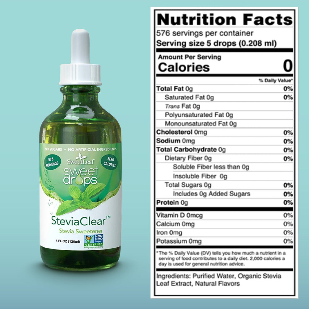 Closeup of SweetLeaf SteviaClear drops highlighting liquid sweetness for beverages