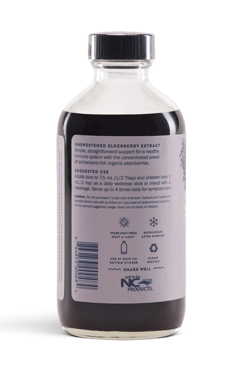 Sweet's Elderberry bottle pour showing convenient adult and kid dosing