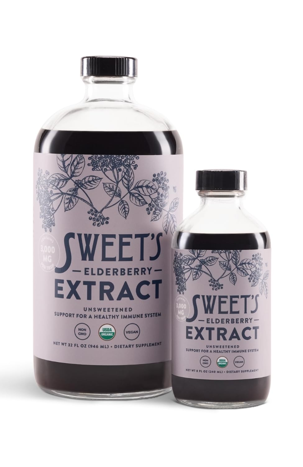 Sweet's Elderberry ingredients graphic highlighting organic glycerin and water
