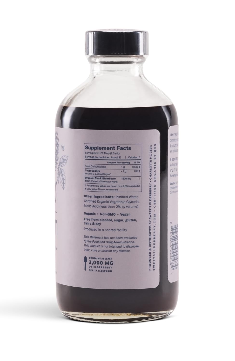 Sweet's Elderberry label closeup emphasizing USDA Organic certification