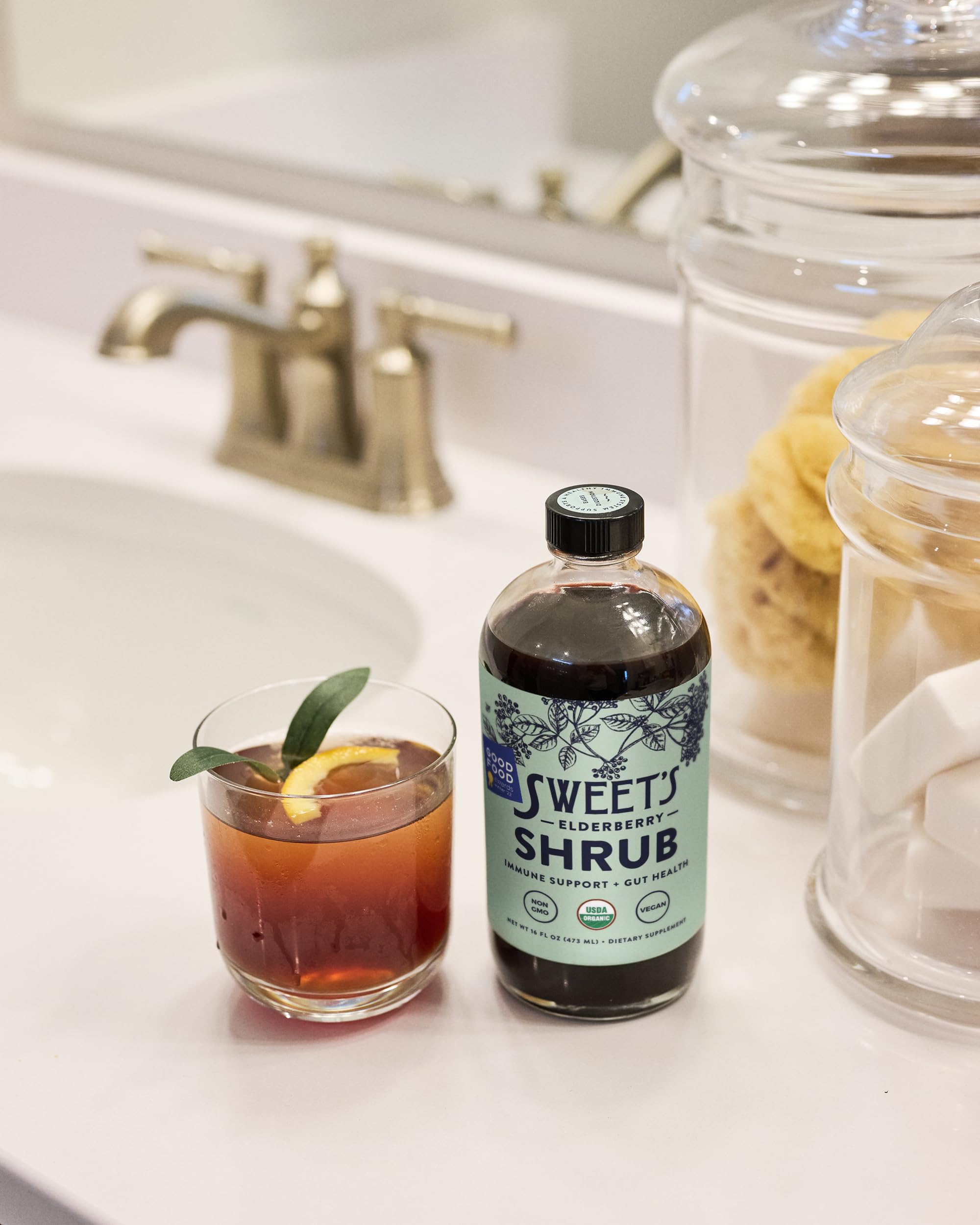 Sweet's Elderberry Shrub award wall showcasing recognized flavor quality.