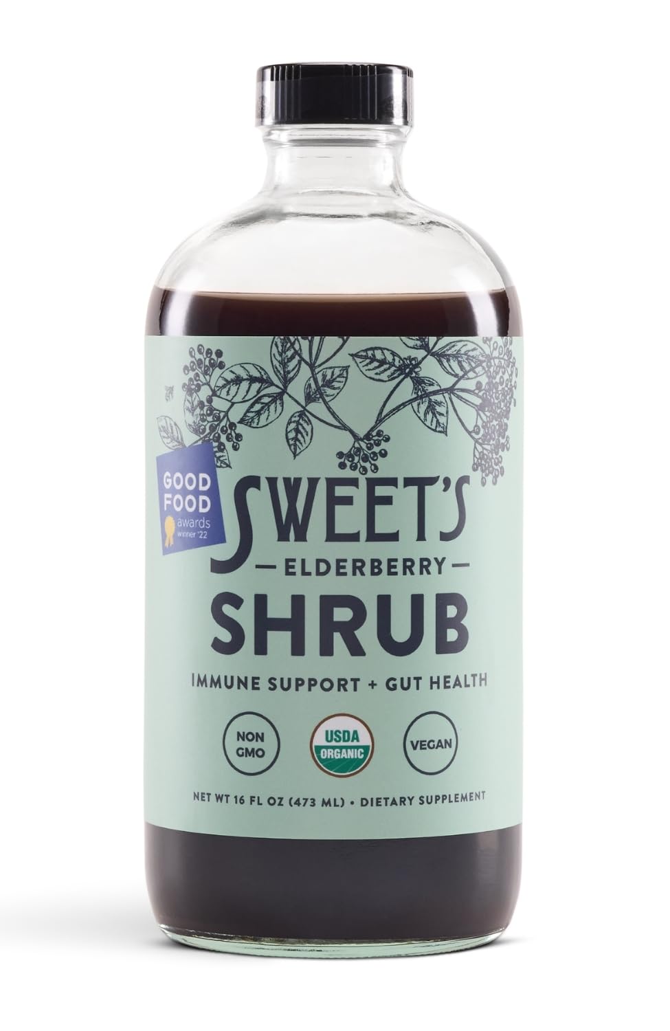 Sweet's Elderberry Shrub bottle front showing organic ingredients and sustainability benefits.