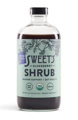 Sweet's Elderberry Shrub bottle front showing organic ingredients and sustainability benefits.