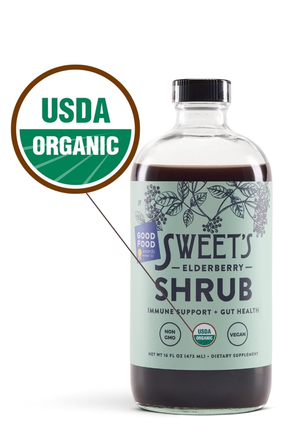 Sweet's Elderberry Shrub bottle pour for easy mixing into drinks.