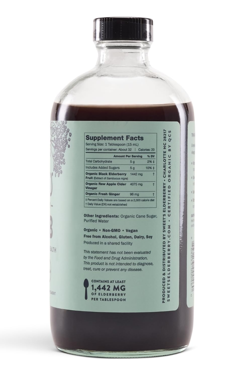 Sweet's Elderberry Shrub label closeup highlighting natural ingredients and quality.