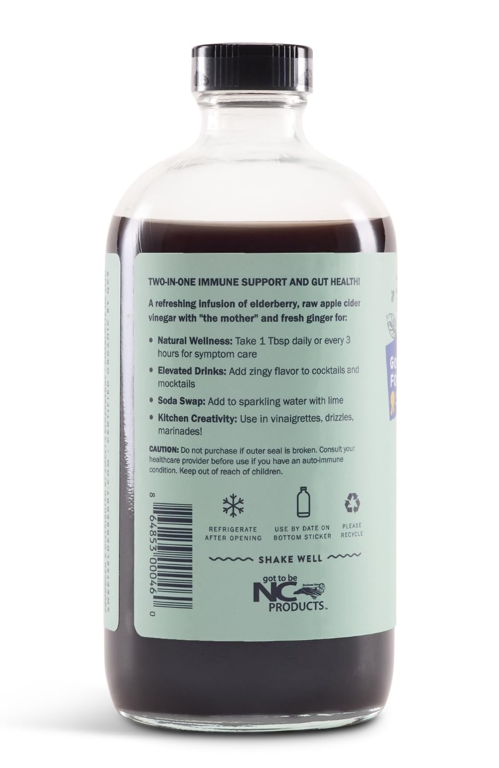 Sweet's Elderberry Shrub organic ingredients with elderberry and ginger on label.
