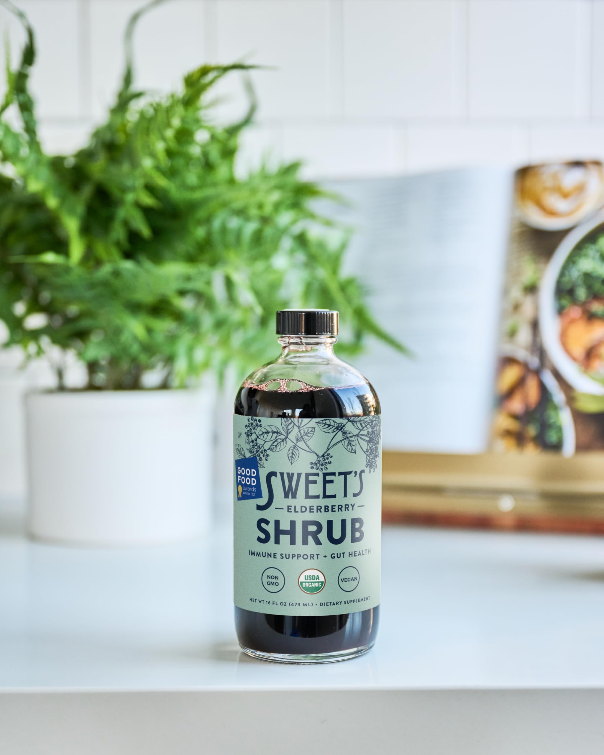 Sweet's Elderberry Shrub recyclable packaging emphasizing eco-friendly design.