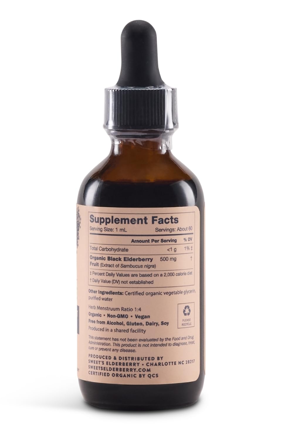 Close-up of Sweet's Elderberry Tincture label highlighting organic ingredients