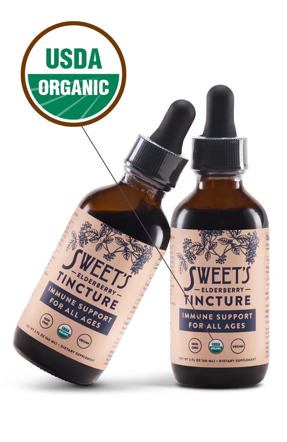 Sweet's Elderberry Tincture ingredients show organic elderberry, glycerin, and purified water for a simple formula