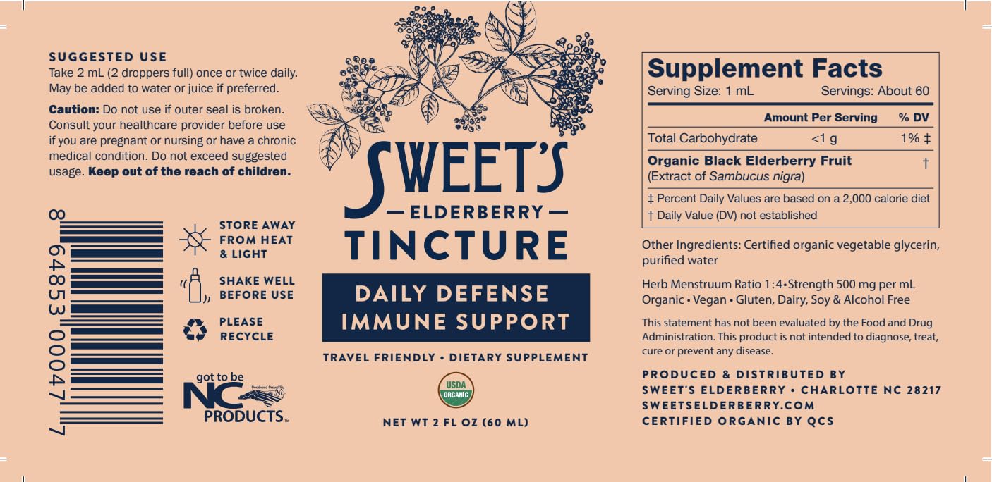 Travel-friendly 2 oz bottle of Sweet's Elderberry Tincture ready for on-the-go wellness