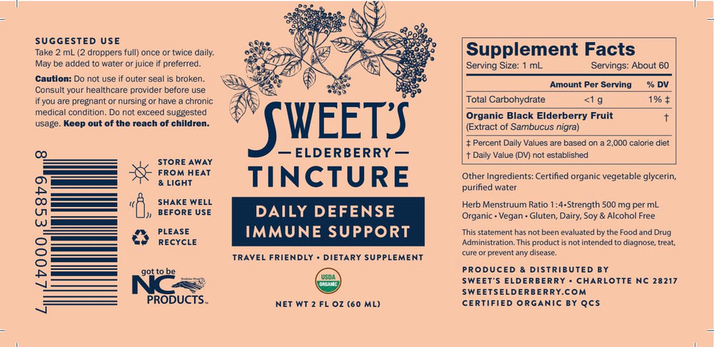 Travel-friendly 2 oz bottle of Sweet's Elderberry Tincture ready for on-the-go wellness