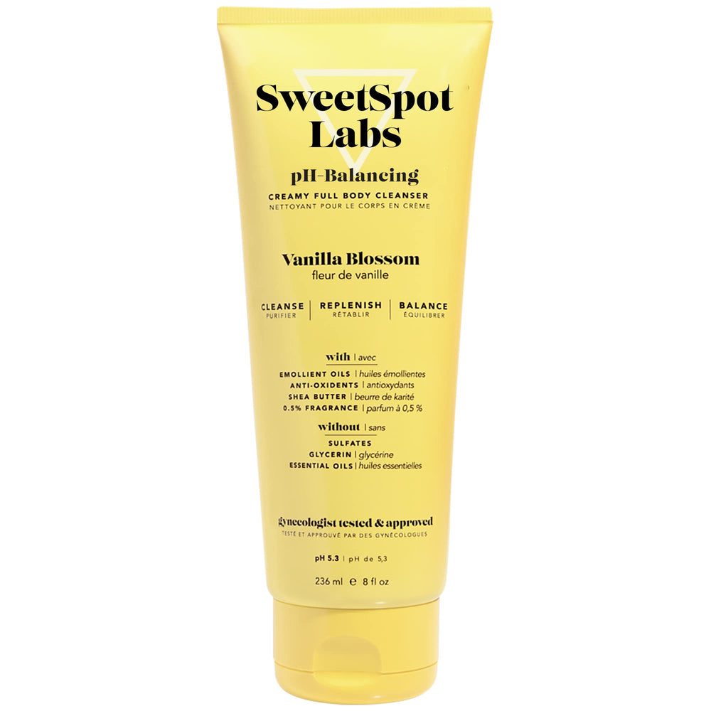 SweetSpot Labs Feminine Wash bottle with Vanilla Blossom on a bathroom shelf for daily cleansing.