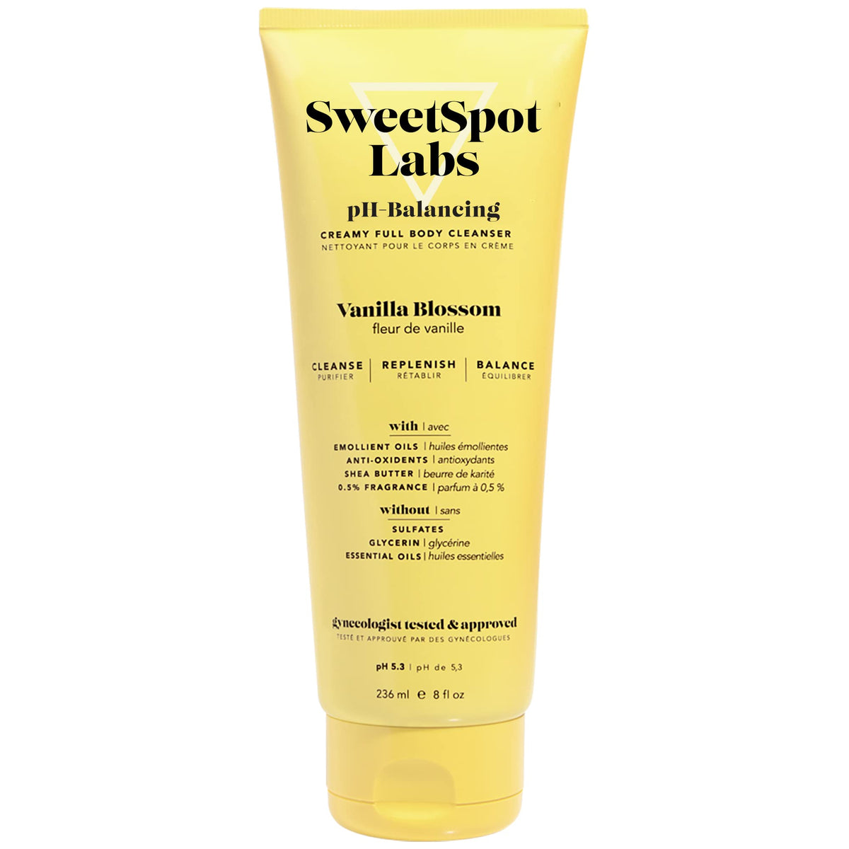 SweetSpot Labs Feminine Wash bottle with Vanilla Blossom on a bathroom shelf for daily cleansing.