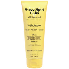 SweetSpot Labs Feminine Wash bottle with Vanilla Blossom on a bathroom shelf for daily cleansing.