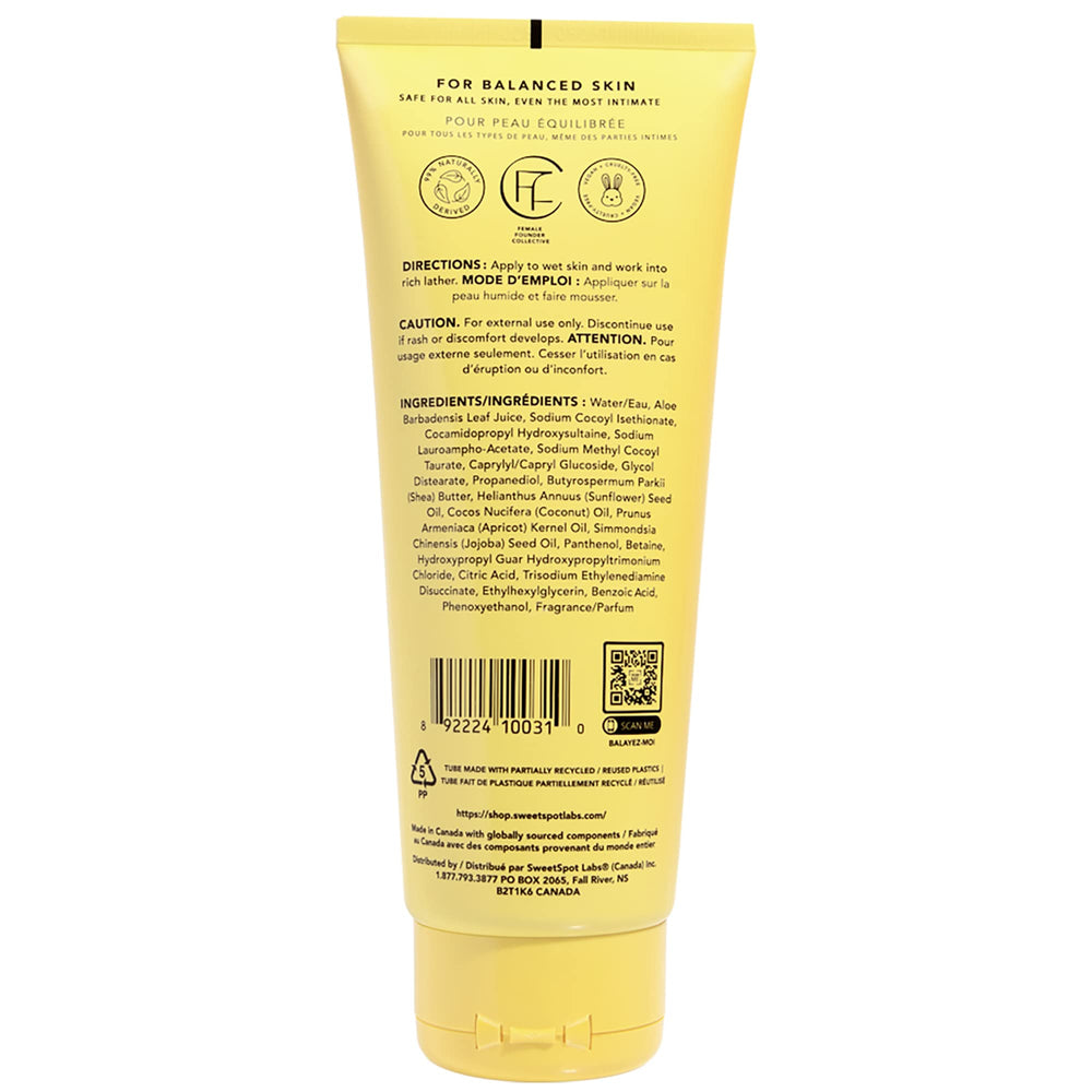 Close-up of packaging for SweetSpot Labs Vanilla Blossom wash.