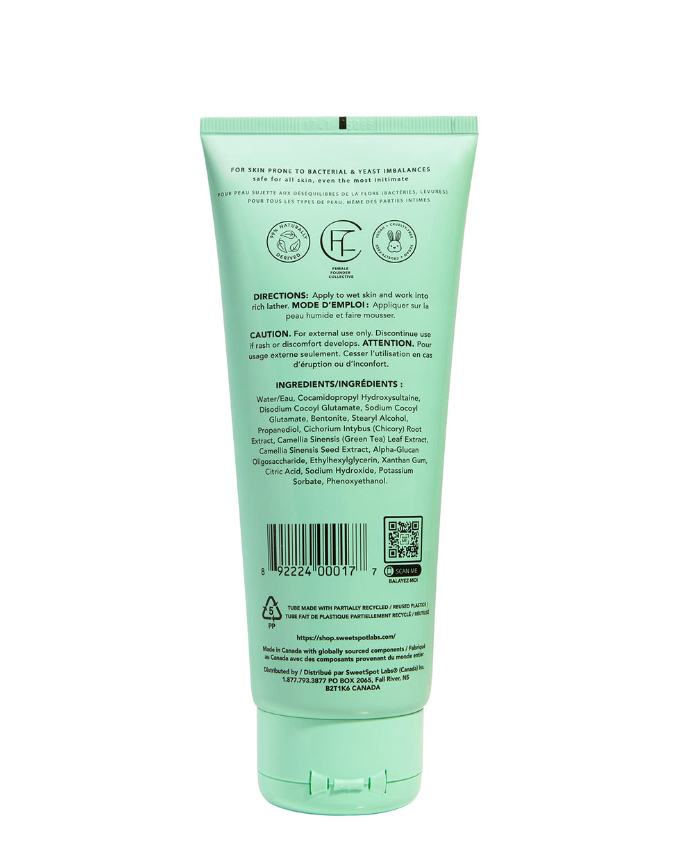 SweetSpot Labs microbiome balancing wash label closeup, unscented and sulfate-free formula