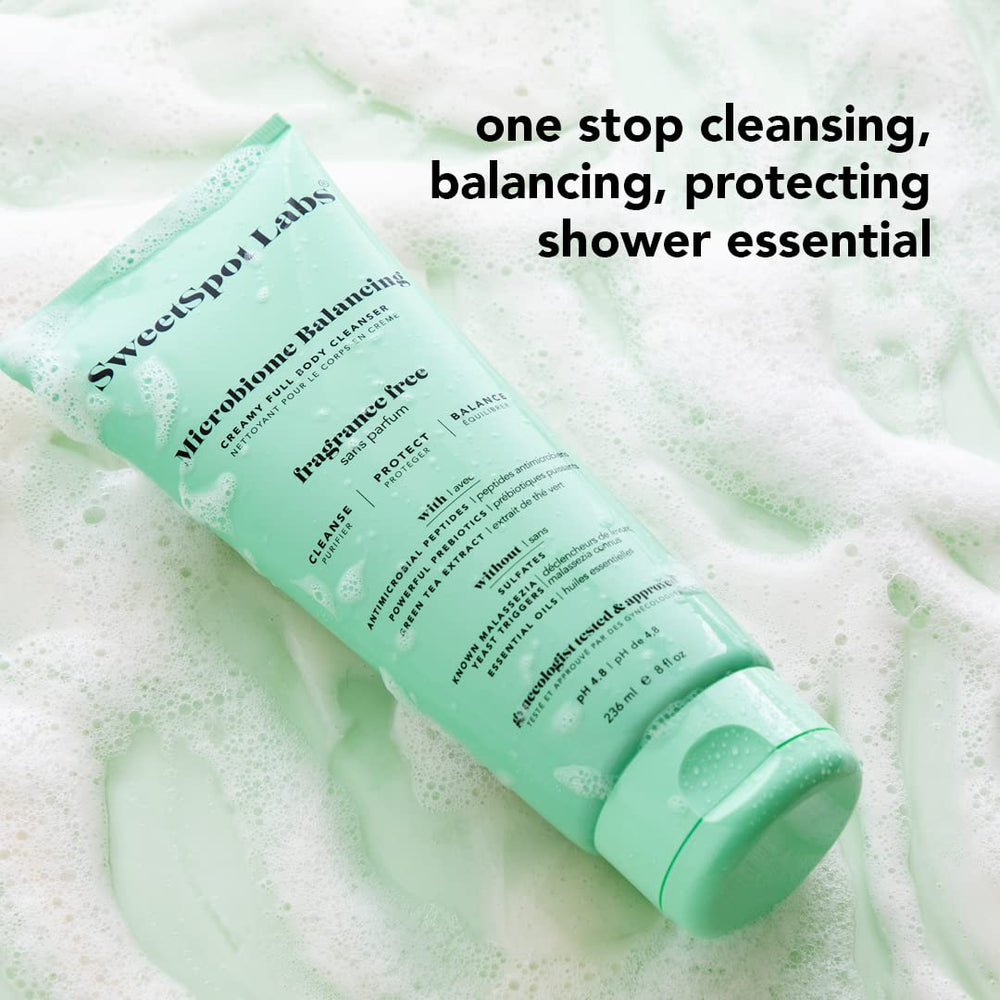 SweetSpot Labs unscented feminine wash packaging, pH balanced care for intimate skin