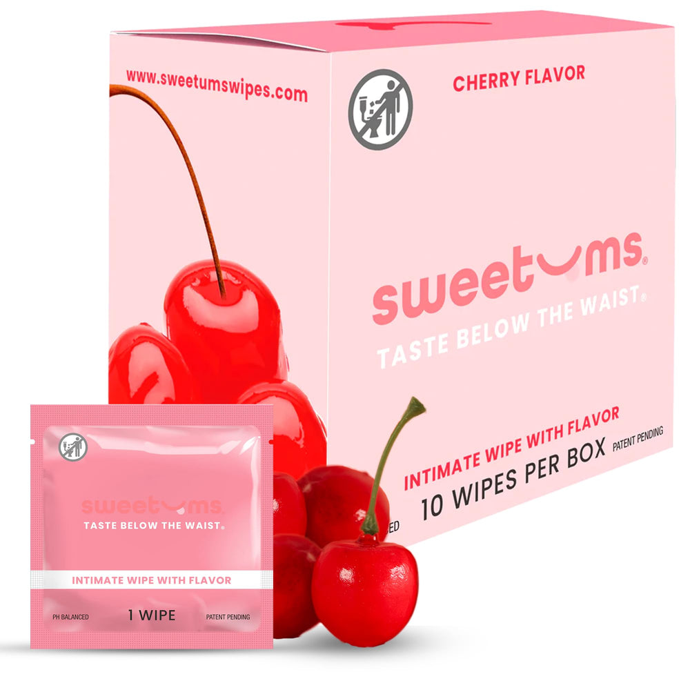Sweetums feminine wipes individually wrapped in cherry flavor for on-the-go freshness.