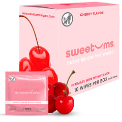 Sweetums feminine wipes individually wrapped in cherry flavor for on-the-go freshness.