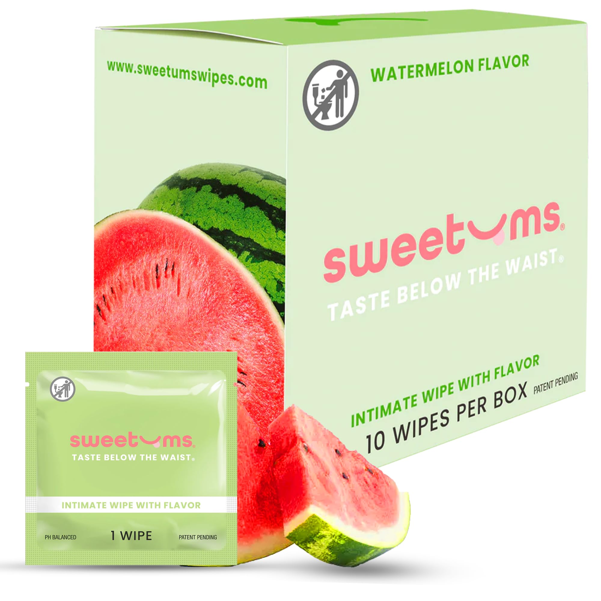 Sweetums Watermelon wipes in individual wrappers for on-the-go freshness.