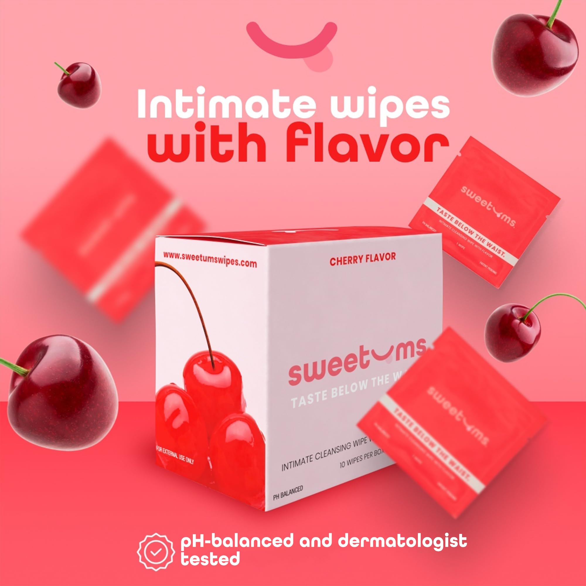 Sweetums cherry-flavored wipes in portable packaging for quick refresh anywhere.