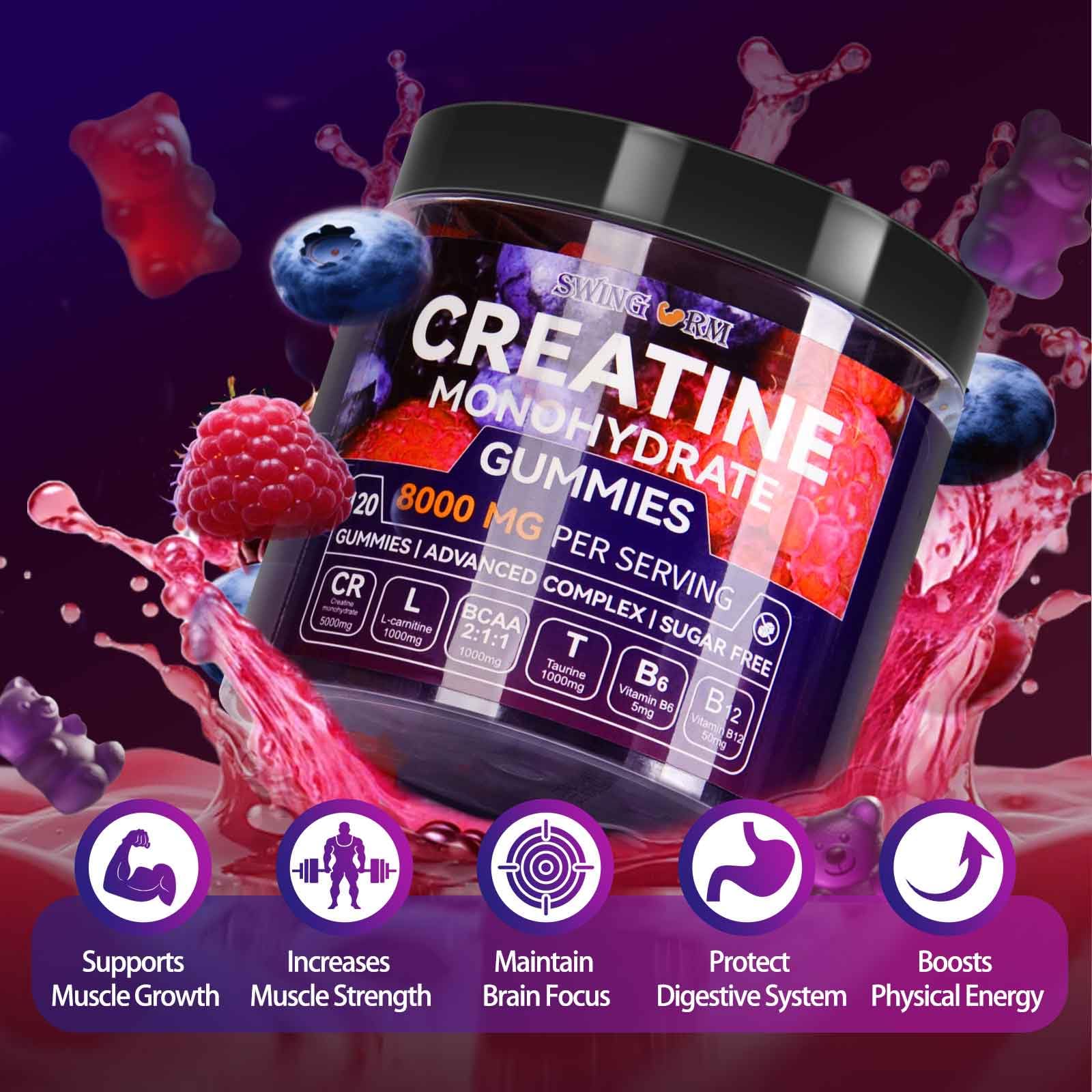 Swing Arm Creatine Gummies blueberry bottle highlights flavor for endurance and recovery.