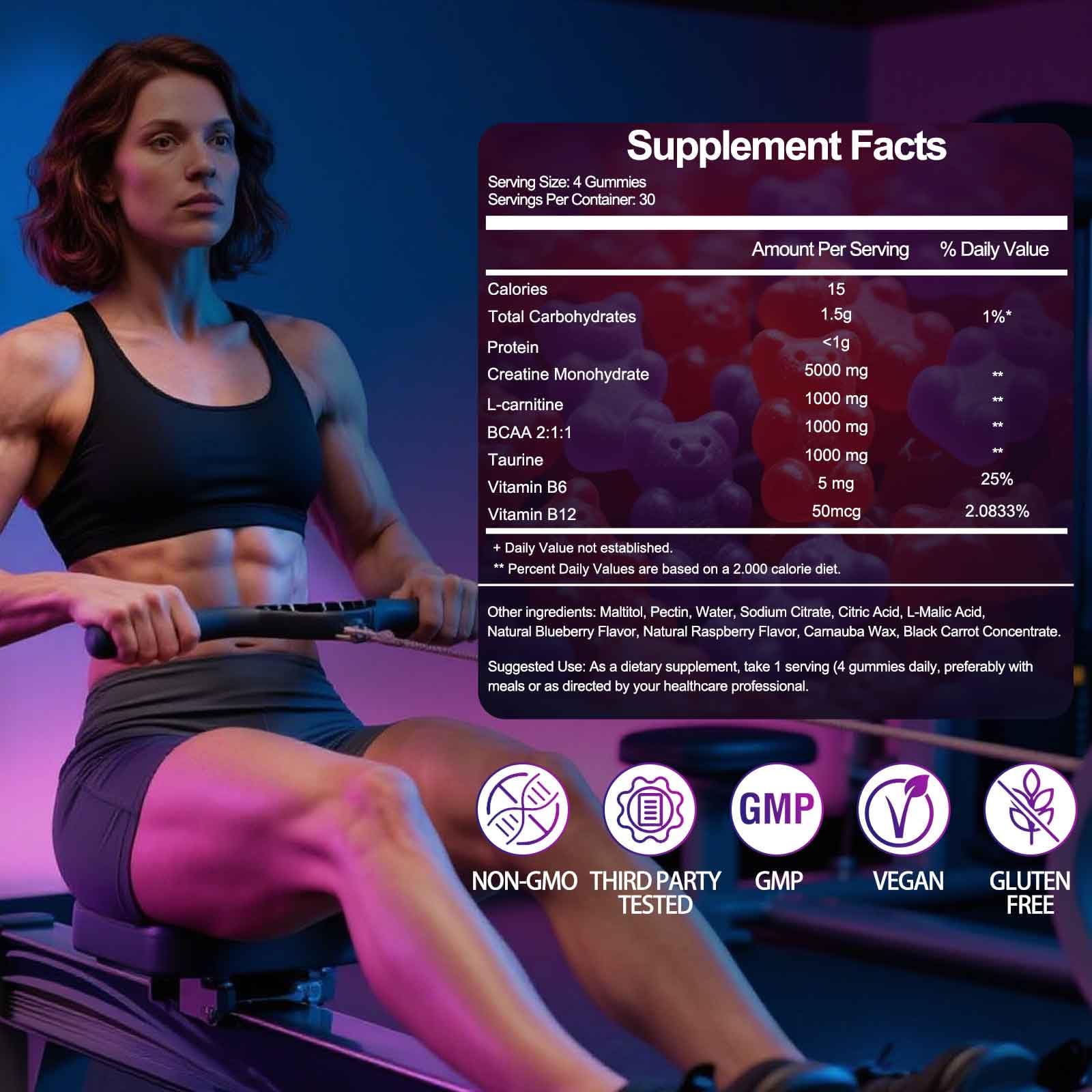 Swing Arm Creatine Gummies GMP-certified label signals quality and safety.
