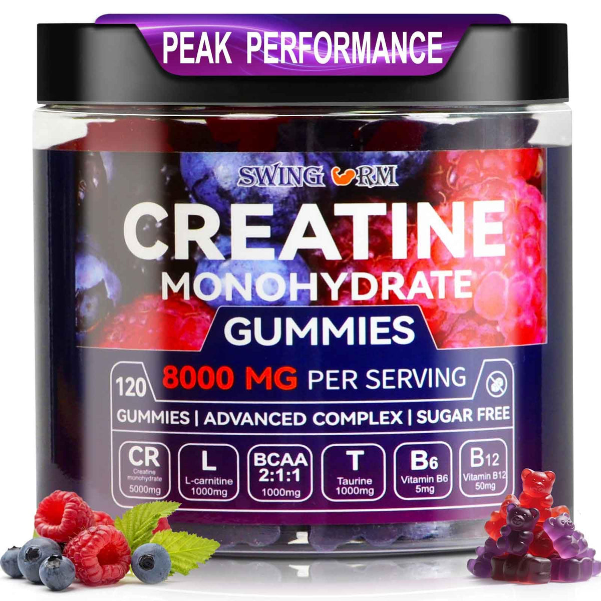Swing Arm Creatine Gummies bottle showcases raspberry flavor for muscle support.
