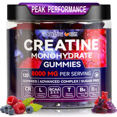 Swing Arm Creatine Gummies bottle showcases raspberry flavor for muscle support.