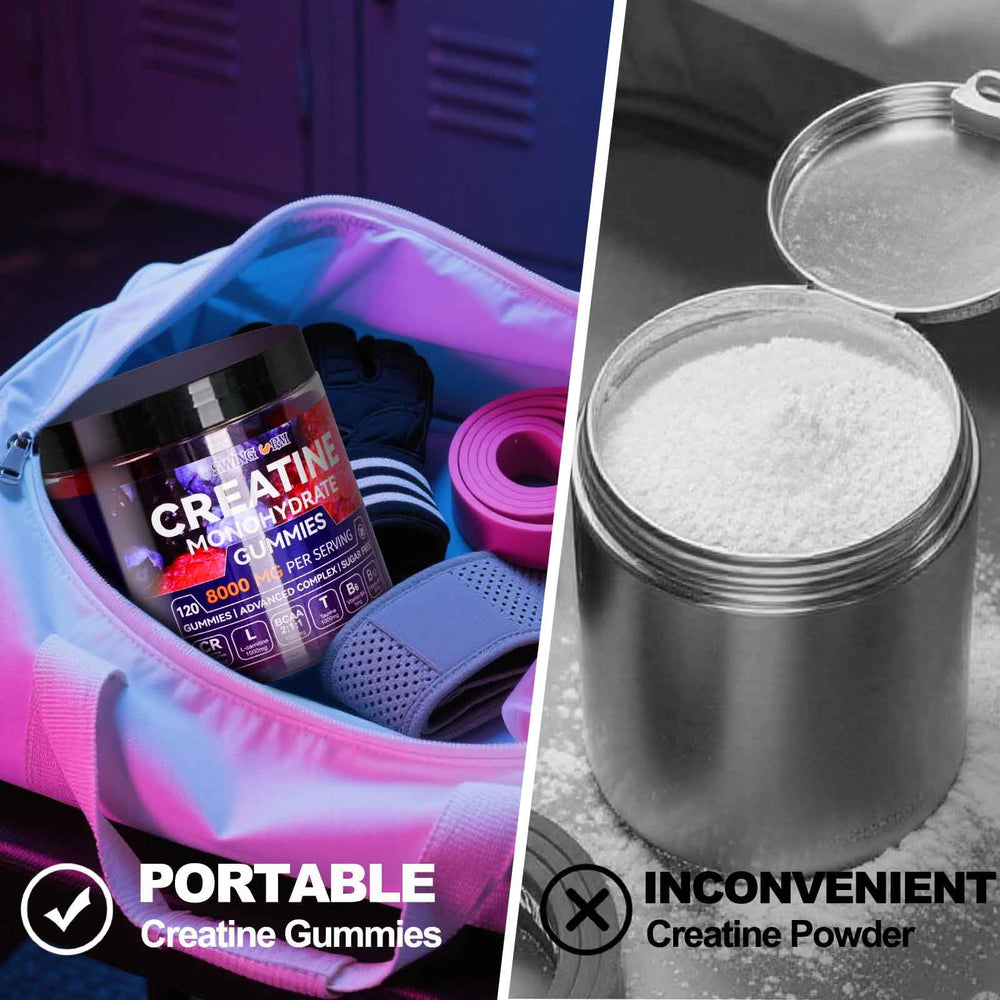 Swing Arm Creatine Gummies vegan symbol shows plant-based, gluten-free formula.