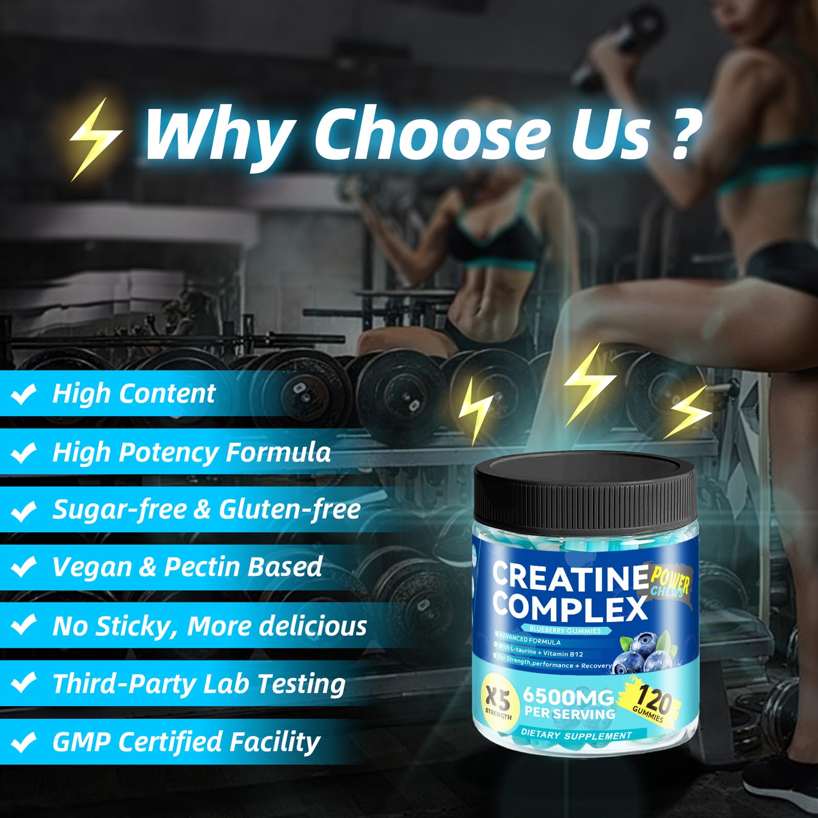 Swing Arm Creatine Monohydrate Gummies bottle close-up reveals key ingredients.