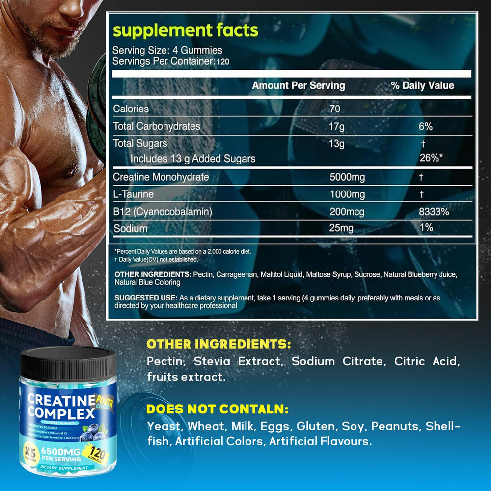 Swing Arm Creatine Monohydrate Gummies close-up highlights blueberry flavor and easy daily use.