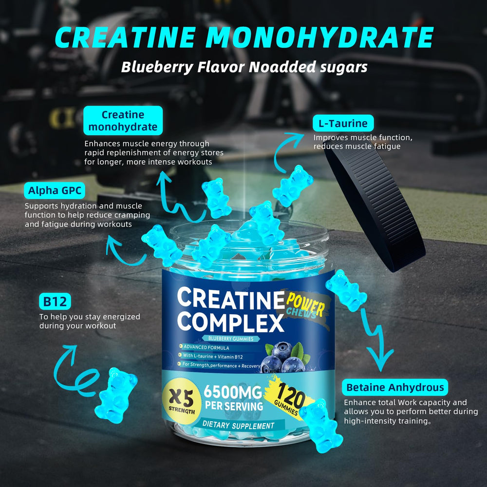 Swing Arm Creatine Monohydrate Gummies vegan label communicates sugar-free, gluten-free option.