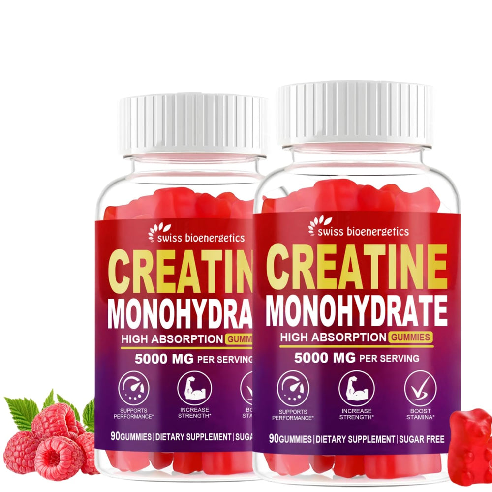 Swiss Bioenergetics Creatine Gummies bottle with raspberry flavor for daily energy support.