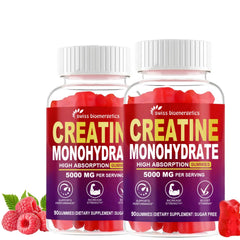 Swiss Bioenergetics Creatine Gummies bottle with raspberry flavor for daily energy support.