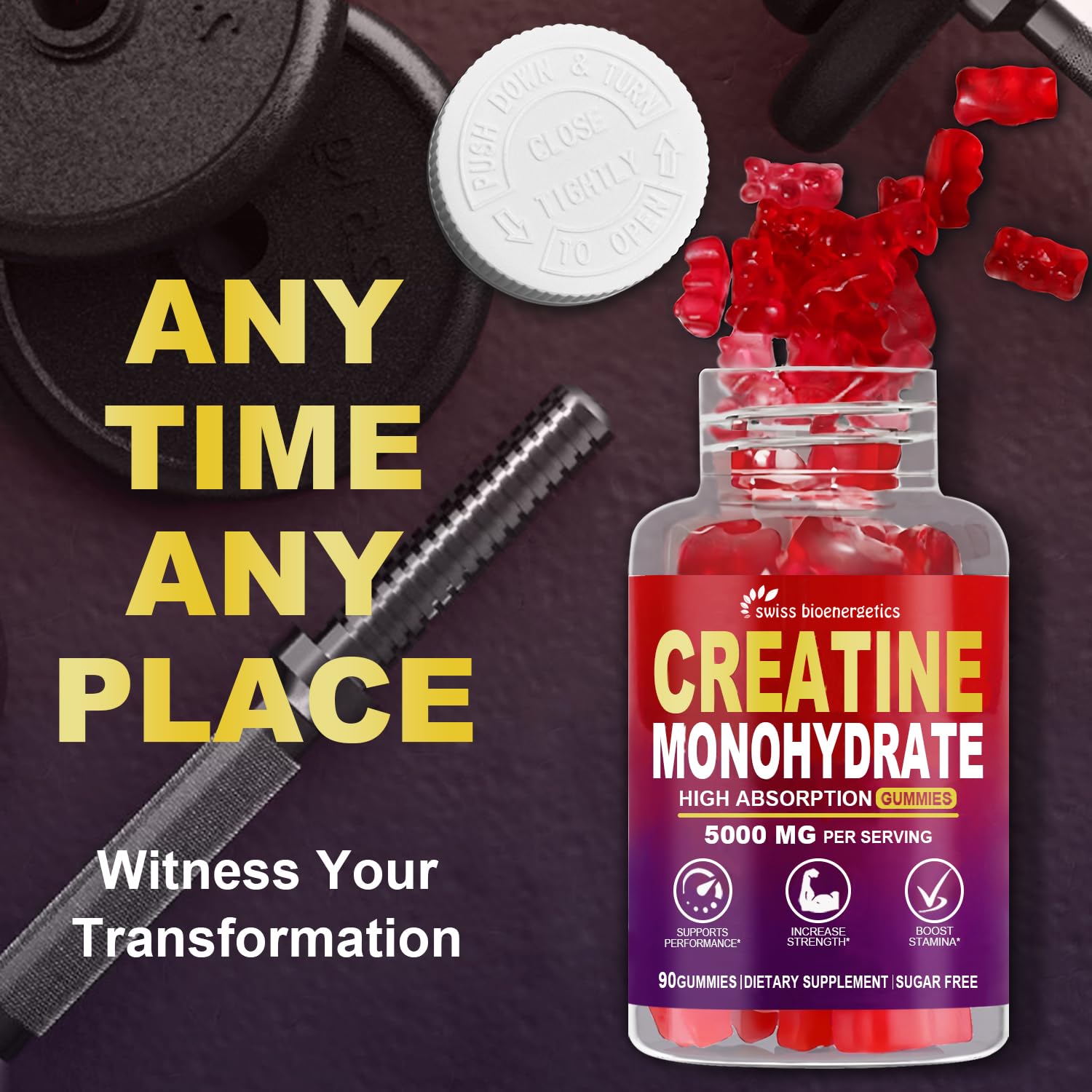 Two gummies serving illustrating daily dosage and raspberry flavor.