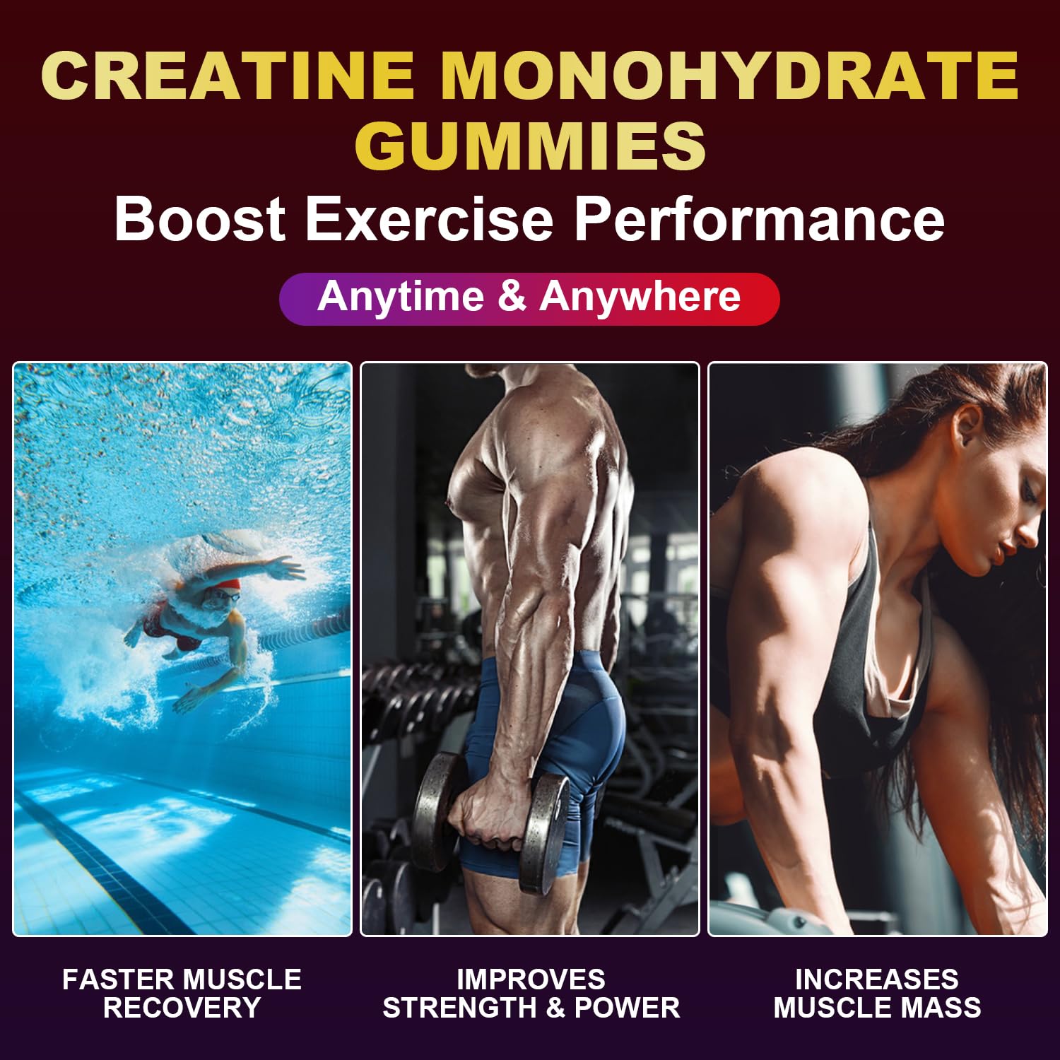Swiss Bioenergetics Creatine Gummies beside dumbbells illustrating workout convenience.