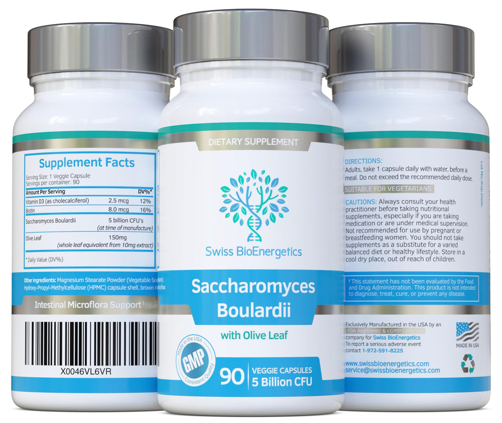 The image highlights olive leaf, biotin, and vitamin D3 blend in the formula.