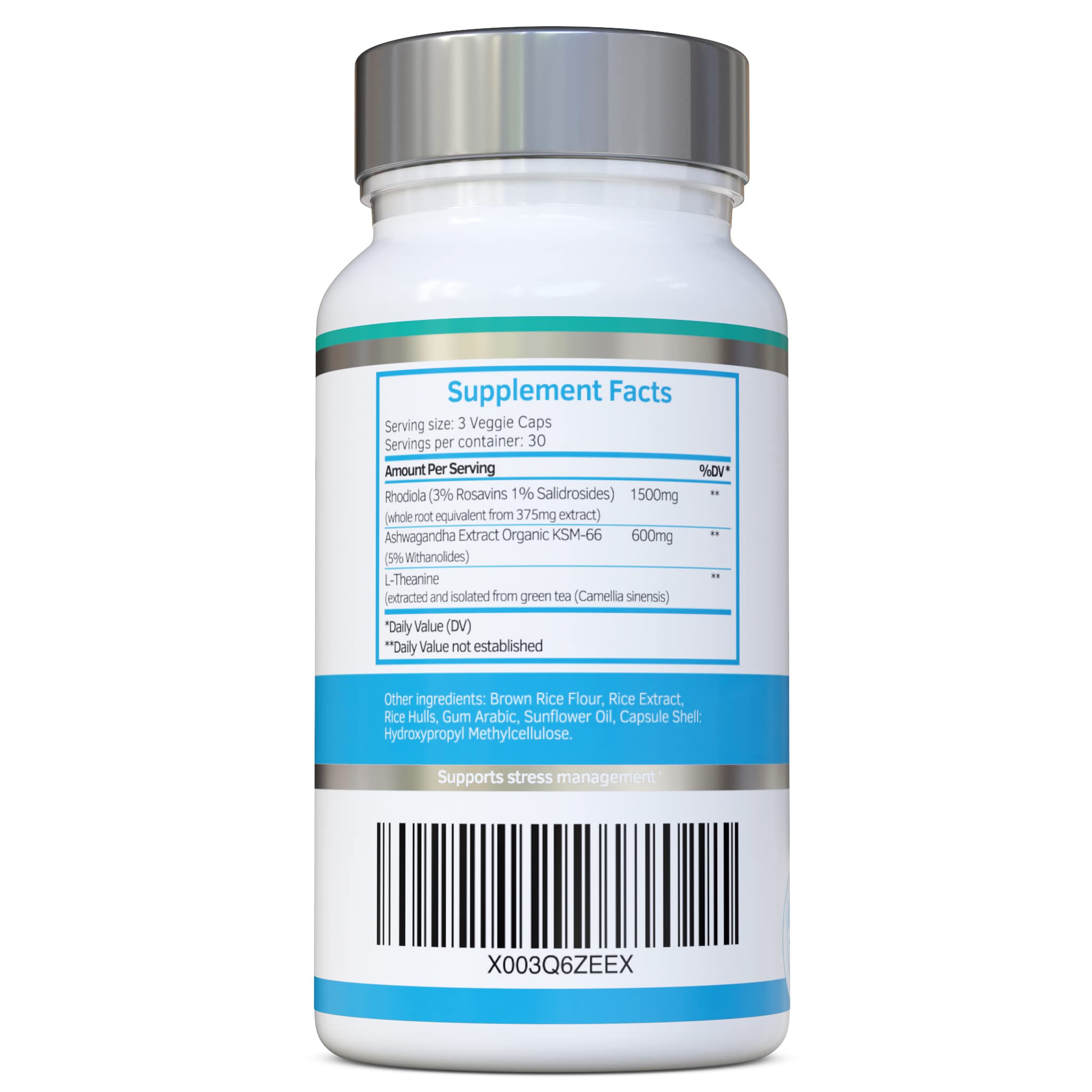 Swiss BioEnergetics Rhodiola Ashwagandha L-Theanine capsules on a tray