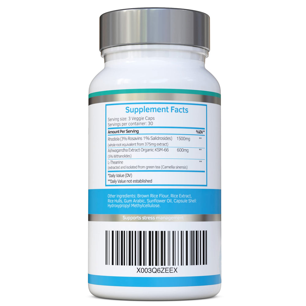 Swiss BioEnergetics Rhodiola Ashwagandha L-Theanine capsules on a tray