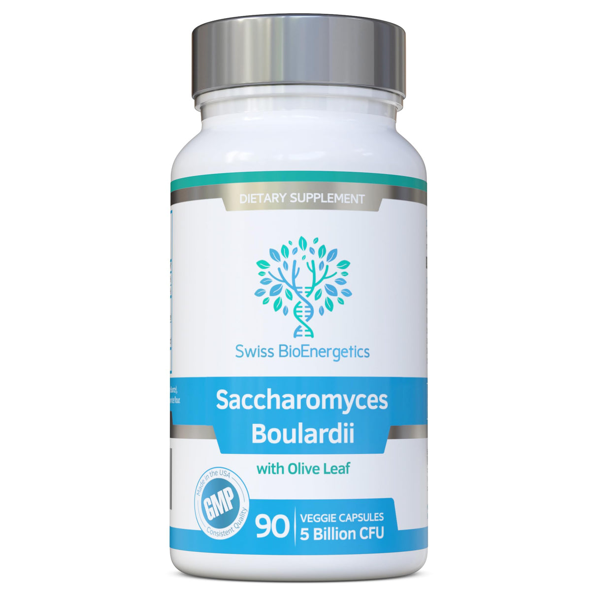 Swiss BioEnergetics Saccharomyces boulardii bottle for convenient daily use.