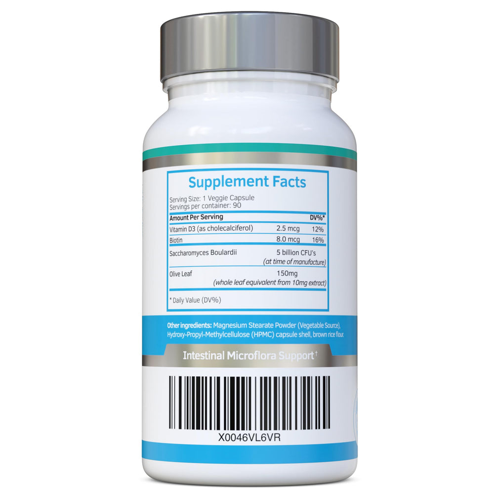 Swiss BioEnergetics Saccharomyces boulardii capsules closeup for easy swallowing.