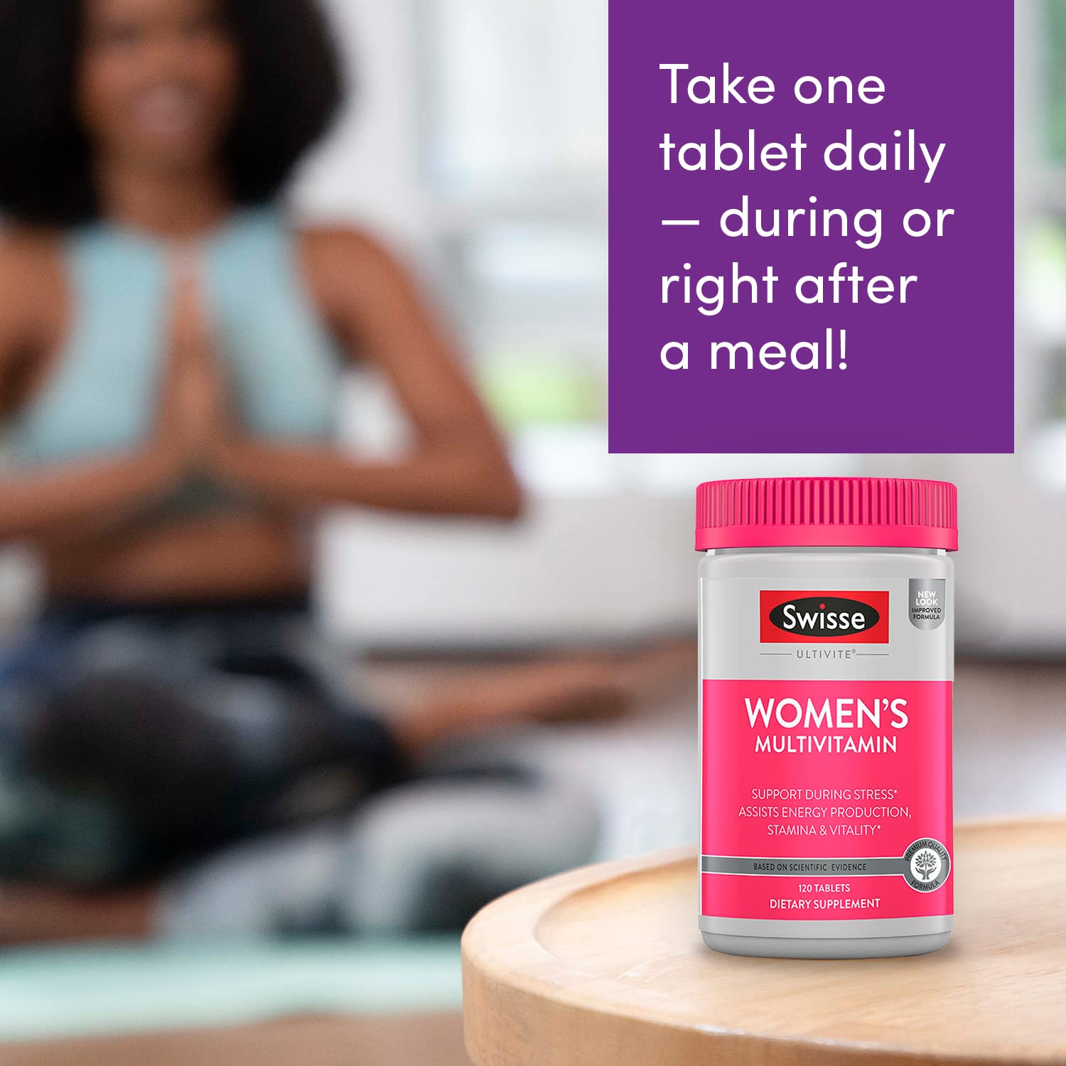 Swisse Daily Multivitamin for Women icons illustrate energy, mood and immune benefits.