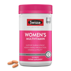 Swisse Daily Multivitamin for Women bottle with tablets, supports energy and immune health.